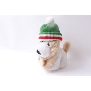 Dakin Winter Hound Dog 80s White Plush Puppy, Green Knitted Cap, Vintage Plush,